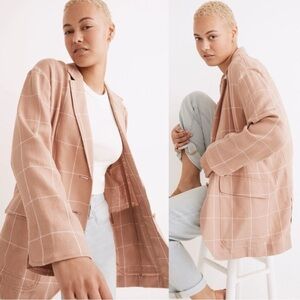Madewell Breezewoven Larsen Windowpane Linen Blazer XL Tan White Classic NF482